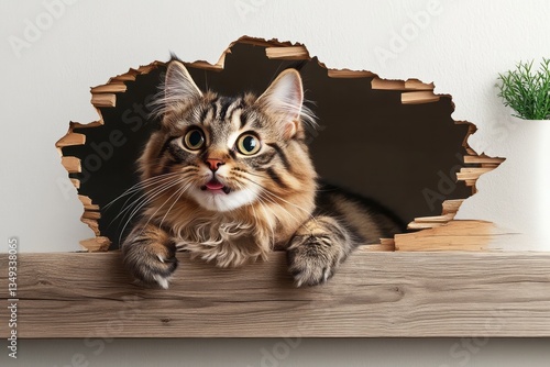 Tabby cat pokes its head through a hole in a wall
