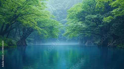 Serene mist-shrouded river flows through lush green trees, reflecting tranquil blue water