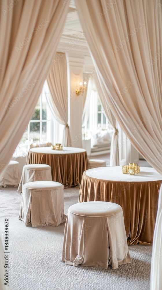 Elegant event space with soft drapery, round tables, and plush seating, creating a serene and inviting atmosphere. Elegant event space with soft drapery, round tables, and plush seating, creating a serene and inviting atmosphere.