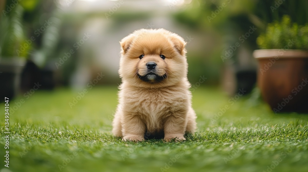 Fototapeta premium Adorable puppy sitting on grass in garden setting