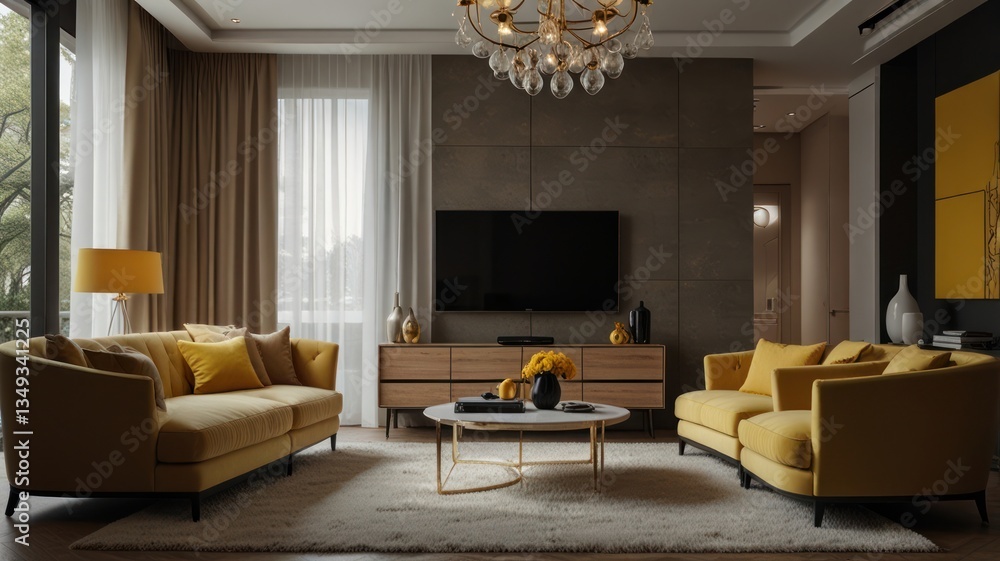 Modern living room with yellow accents Modern living room with yellow accents