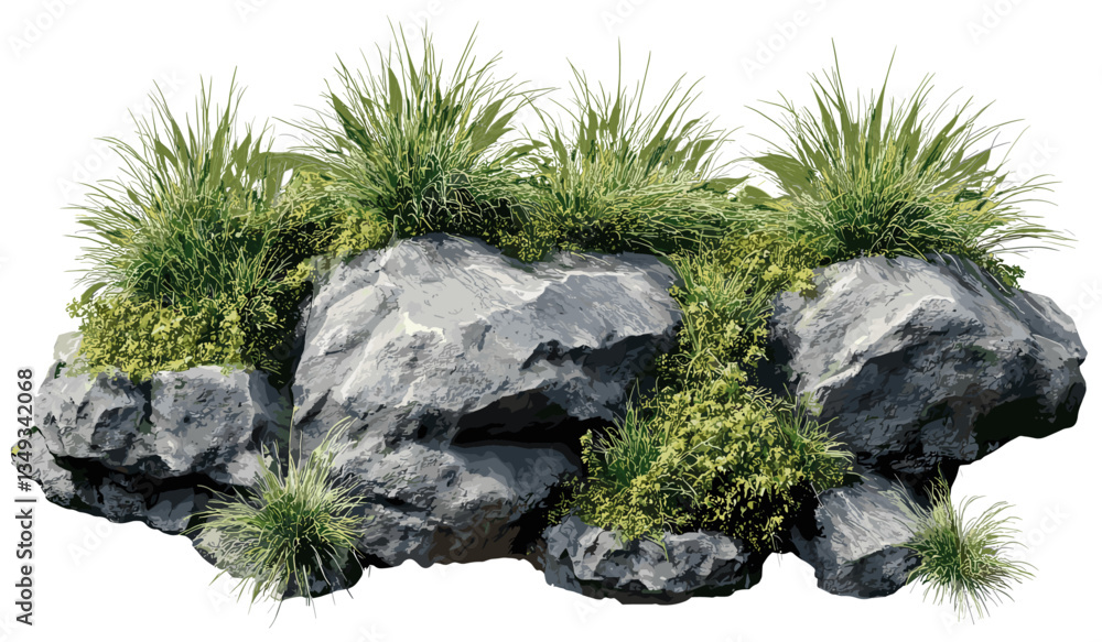 Fototapeta premium Aerial view vector of hard rocks, grassy terrain, dense landscape, transparent background, png, rocky hills, nature scene, outdoor terrain, rocky outcrops, natural landscape