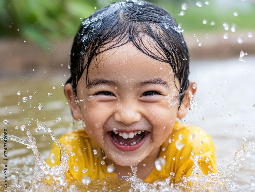 Fototapeta premium Joyful child splashing water in vibrant outdoor setting, capturing essence of fun and laughter