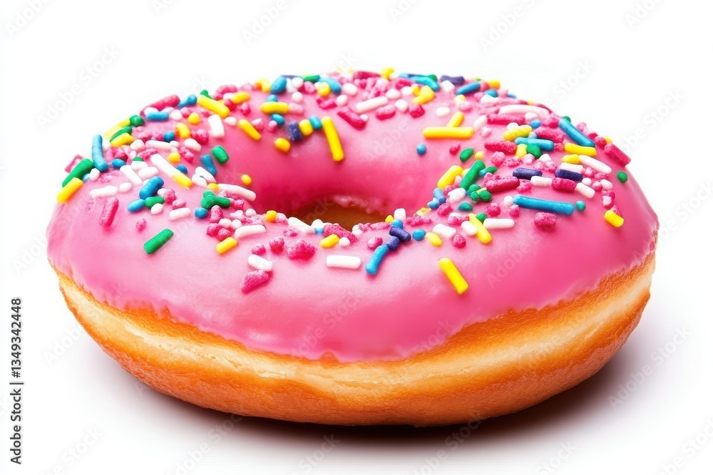 A close up shot of a donut with pink frosting and colorful sprinkles on a white background A close up shot of a donut with pink frosting and colorful sprinkles on a white background