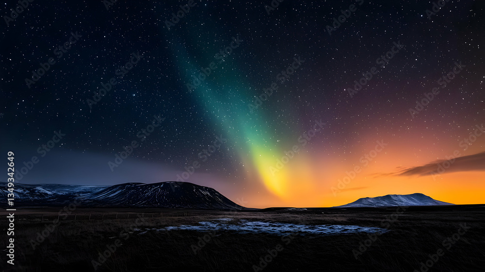Fototapeta premium Aurora Borealis Over Icelandic Landscape At Night