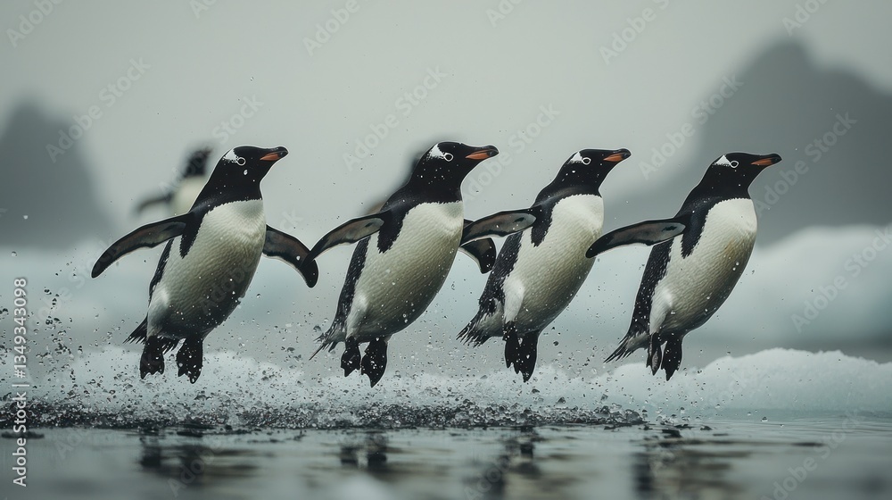 Fototapeta premium Synchronized splash: A flock of penguins joyfully leaping across icy waters