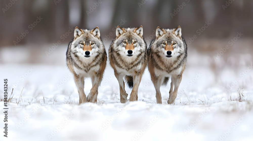 Obraz premium Three Wolves Walking In Snowy Forest