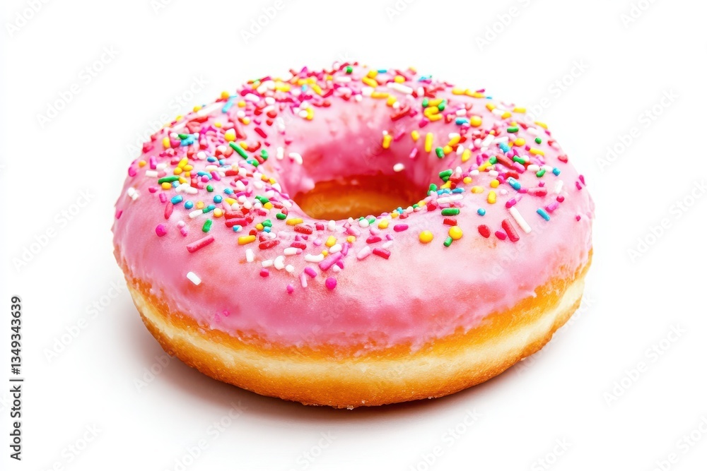 A close up shot of a pink frosted donut with colorful sprinkles on a white background A close up shot of a pink frosted donut with colorful sprinkles on a white background