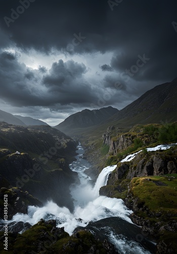 Dramatic Waterfall in Mountain Valley Iceland Nature Landscape Photography