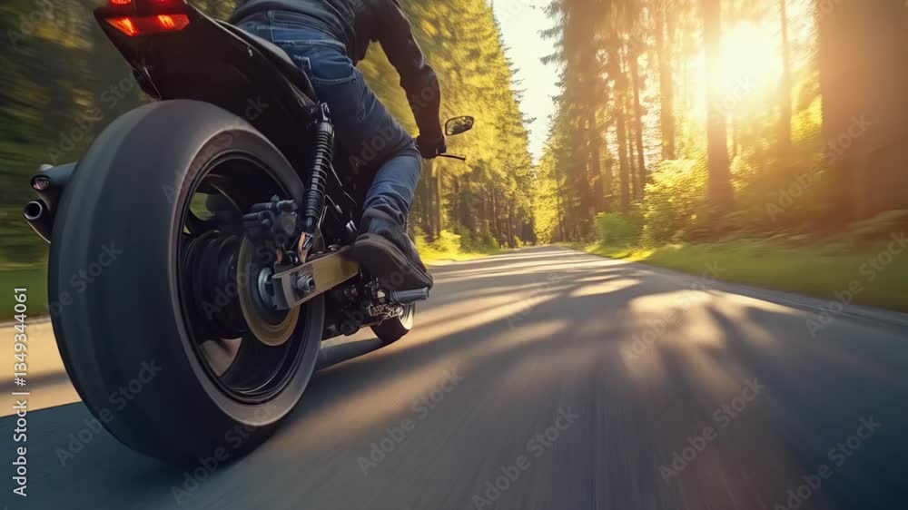 A motorcycle enthusiast rides swiftly along a scenic forest path during sunset. The sun filters through the trees, creating a serene atmosphere with vibrant nature surroundings A motorcycle enthusiast rides swiftly along a scenic forest path during sunset. The sun filters through the trees, creating a serene atmosphere with vibrant nature surroundings