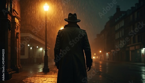 Film noir scene detective in trench coat, illuminated by streetlamp glow on rainy night. Mysterious atmosphere, shadow, investigation, retro old-fashioned, classic black-and-white city.