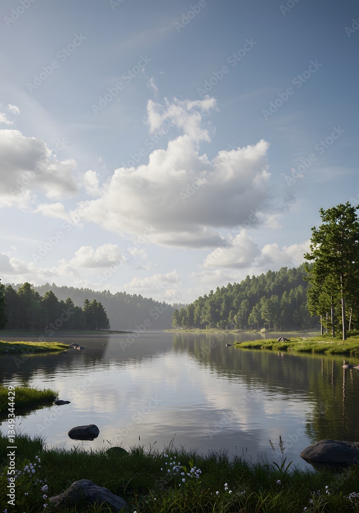 Obraz premium Serene Lakeside Forest Calm Water Lush Greenery Summer Sky
