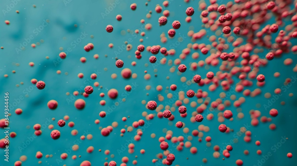 Close-up of vibrant red spherical dengue virus particles, representing infection and health risk, in a microscopic view. Concept of disease, microbiology, and medical research. Close-up of vibrant red spherical dengue virus particles, representing infection and health risk, in a microscopic view. Concept of disease, microbiology, and medical research.