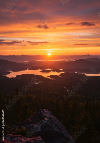 Majestic Sunset Over Serene Mountain Lakes and Forests