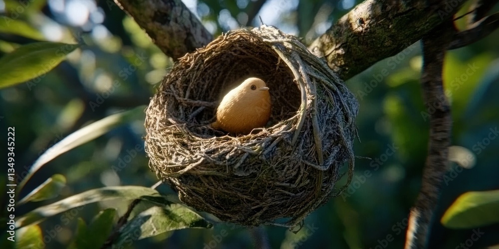 A small orange bird sitting comfortably inside a nest made of twigs hanging from a tree branch A small orange bird sitting comfortably inside a nest made of twigs hanging from a tree branch