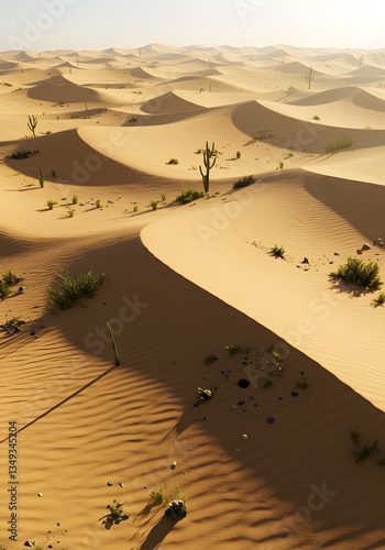 Majestic Desert Landscape Sand Dunes Cacti Plants Sunlit