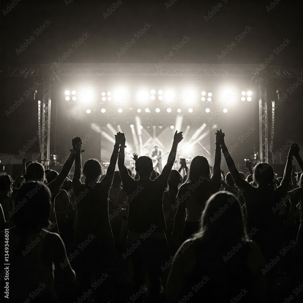 Fototapeta premium Silhouettes of unrecognizable people holding hands up and having fun during amazing music performance