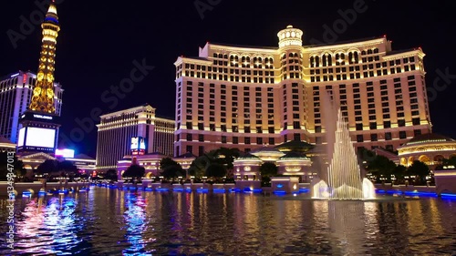 Vibrant Bellagio Fountains at Night Showcasing Illuminated Architecture  