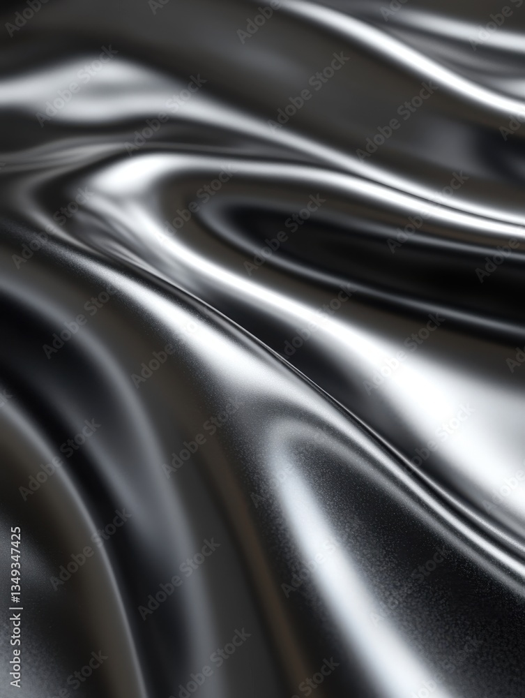 Close up view of flowing silver metallic fabric with soft curves and subtle light reflections Close up view of flowing silver metallic fabric with soft curves and subtle light reflections