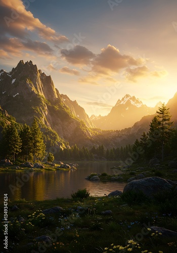 Serene Sunset Mountain Lake Forest Golden Hour Landscape