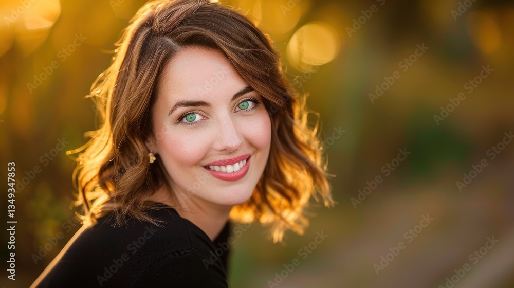 Smiling Woman In Warm Light With Soft-Focus Background. Smiling Woman In Warm Light With Soft-Focus Background.
