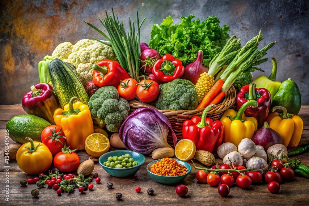Fresh Assorted Vegetables & Fruits on Neutral Background - Vibrant Healthy Food Photography Fresh Assorted Vegetables & Fruits on Neutral Background - Vibrant Healthy Food Photography