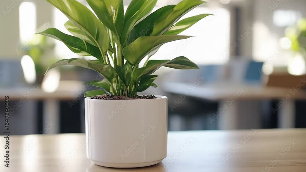 A vibrant green plant sits in a white pot on a wooden desk, adding a touch of nature to the modern office space with ample natural light during the day A vibrant green plant sits in a white pot on a wooden desk, adding a touch of nature to the modern office space with ample natural light during the day