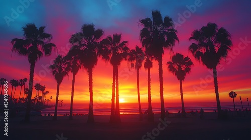 Palm Trees Silhouetted at Sunset on a Vibrant Beach Scene