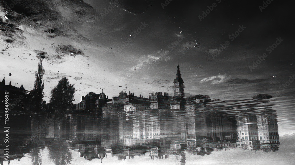 Fototapeta premium City reflected in still water, dramatic sky, urban architecture, tranquil scene, photo for stock