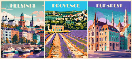 Set of Europe travel destination posters in retro style. Helsinki, Provence, Budapest vector colorful illustrations