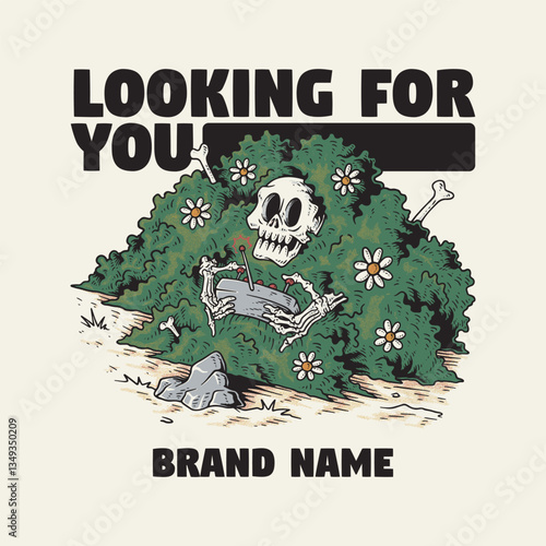 Retro Cartoon Skeleton Hiding in Bush with Remote