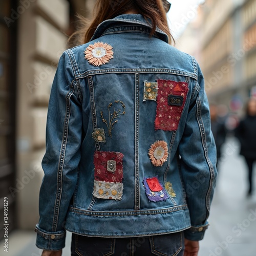 Back view of woman wearing upcycled denim jacket. Patches scraps patchwork floral embroidery. Fashionable clothing, sustainable eco-friendly design, street style, trendy wear, fashionable.