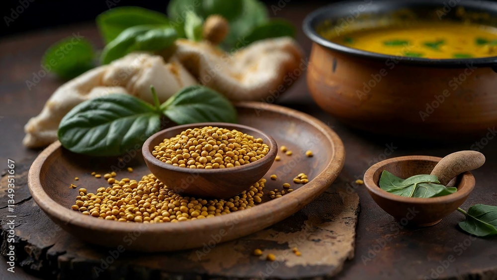 Wooden dish with mustard seeds beside bubbling Ayurvedic curry with turmeric and spinach Wooden dish with mustard seeds beside bubbling Ayurvedic curry with turmeric and spinach