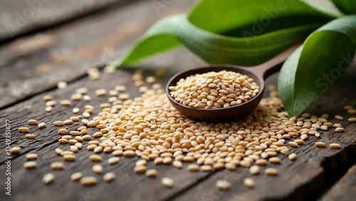 Close-up of delicate sesame seeds on rustic wood with fresh leaves