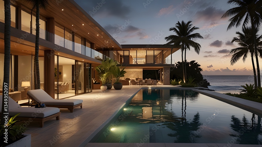 Fototapeta premium Luxury Beachfront Villa with Infinity Pool at Sunset