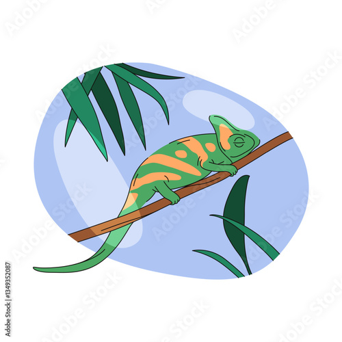 Chameleon vector or reptile on tree branch. Vector animal with scales and adaptive camouflage in jungle habitat. Arboreal green character in tropical rainforest. Wildlife zoo fauna. Zoology, biology.