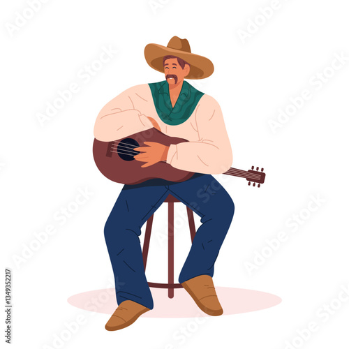 Vector man with guitar illustration. Male country guitarist or artist. Live musician and folk songwriter or acoustic stage or concert performer. Rustic and rural traditional acoustic vocalist. Western