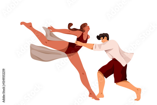 Pair dancing contemporary or modern dance. Vector artistic couple make emotional dance movements. Partners make synchronized footwork. New stage performance to music rhythm. Choreography, coordination