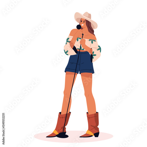 Woman country signer. Vector female performer or signing cowgirl illustration. Western music performance for entertainment show. Stage live play or solo concert. Artist and acoustic musical show.