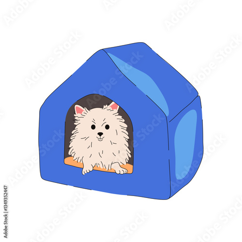 Dog pet in doghouse vector illustration. Canine rest or guard territory in kennel. Doggy in wooden shelter at yard. Friendly companion for protection or domestic, home animal. Barking puppy. Zoology