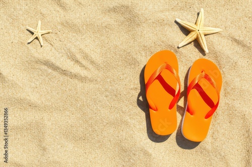 Bright Orange Flip Flops And Starfish On Sandy Beach Your Gateway To Vacation Relaxation Closeup Of Sunny, Warm Sand, Inviting You To Flip, Kick Back, And Enjoy Beach Vibes With These Flip flop Shoes