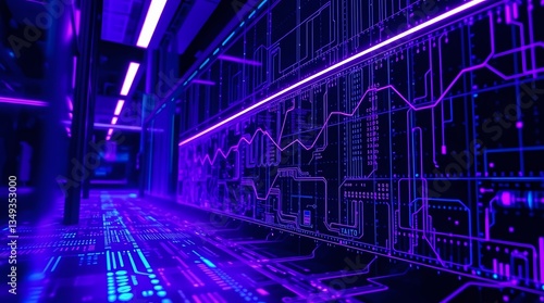 Cybernetic Data Hub: A mesmerizing display of futuristic technology unfolds in a neon-lit data center, where intricate digital pathways and circuit boards illuminate the pursuit of data