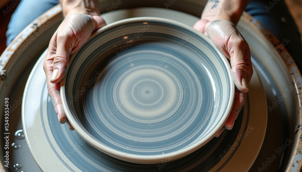 Obraz premium Potter shaping a ceramic plate on a spinning wheel 