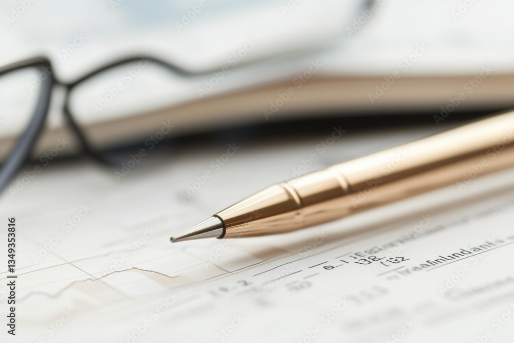 Stock market reports and graphs analyzed with pen and glasses on a desk during trading hours Stock market reports and graphs analyzed with pen and glasses on a desk during trading hours