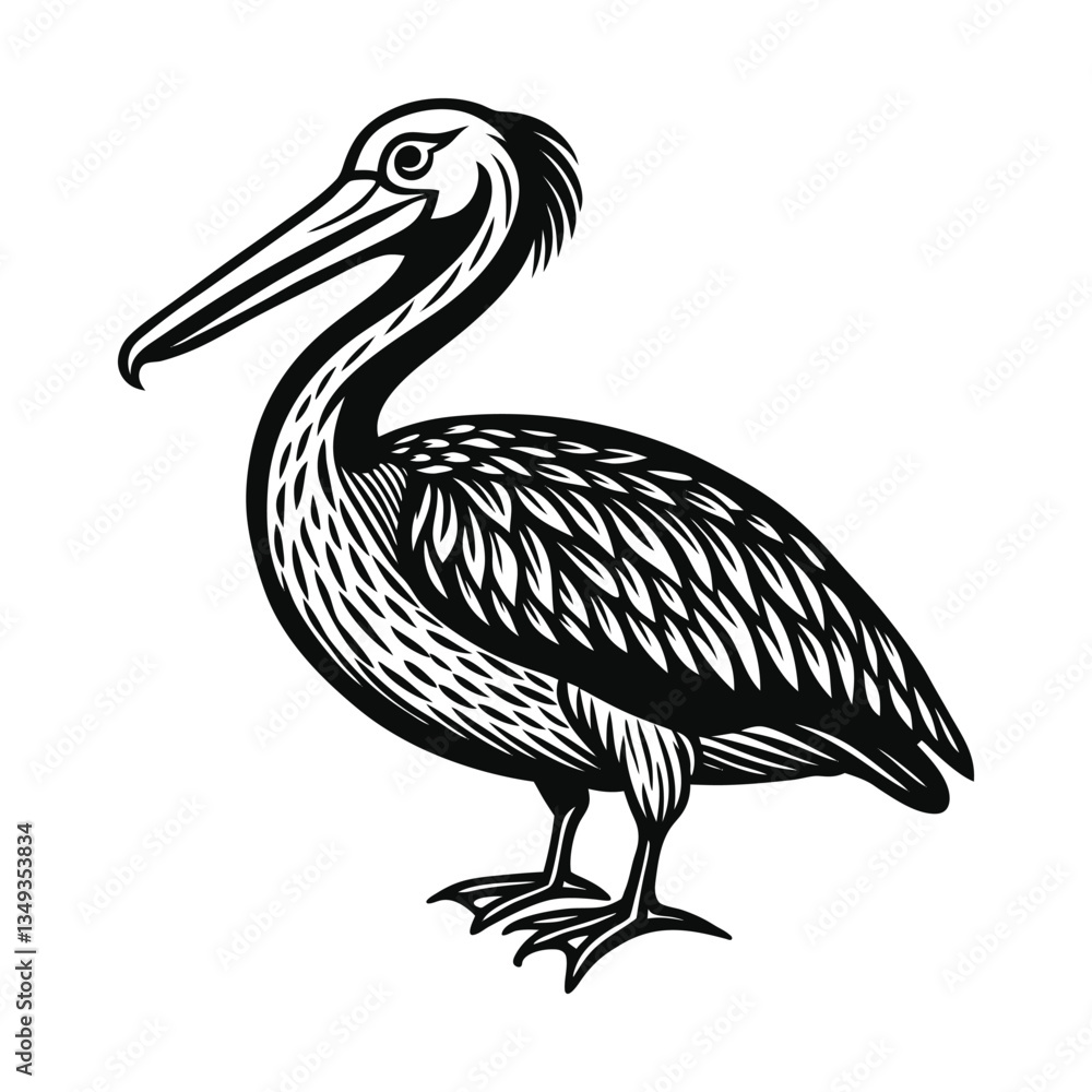 Fototapeta premium Pelican vector illustration, hand drawn style, detailed vector, monochrome design, isolated on a white background