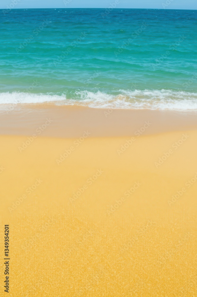 Naklejka premium Serene Beach Scene Golden Sand, Turquoise Ocean, And Clear Coastal Sky Colorful Paradise On Shore Where Gentle Waves Meet Beautiful Sky