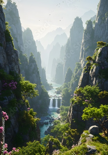 Serene Waterfall in Majestic Mountain Gorge Landscape Photography
