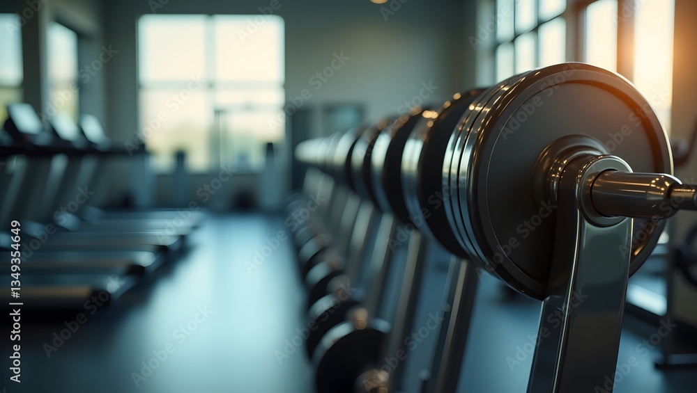 Row of Dumbbells in Modern Gym with Sunlight Reflection Row of Dumbbells in Modern Gym with Sunlight Reflection