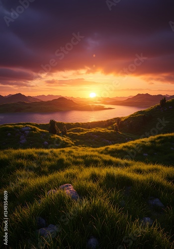 Stunning Sunset over Serene Lake and Rolling Hills Landscape