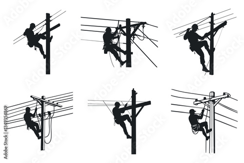 Set of Linemen at Work on Power Poles. Electricians Climbing Utility Poles for Power Line Repairs and Maintenance